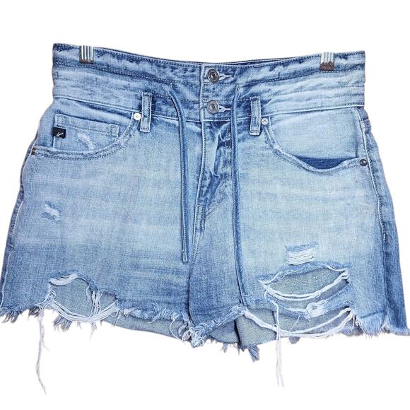 Kancan High rise frayed hem drawstring denim shorts distressed jean shorts M/ - Picture 2 of 5